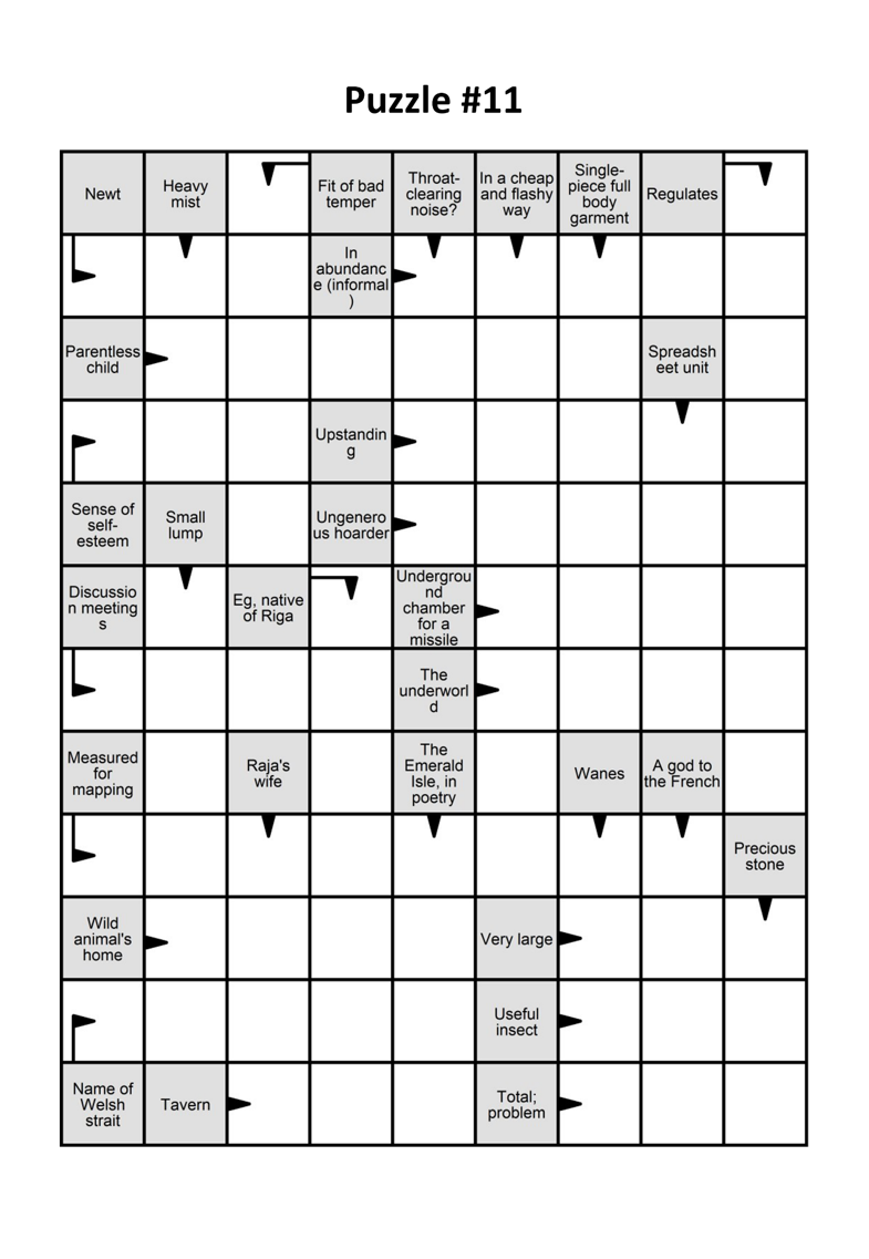 Example Arrowword Puzzle #11 showing clues placed directly in grid with arrows pointing to answer locations