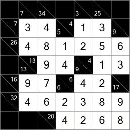 Solved Kakuro puzzle example showing numbers that add up to clue values
