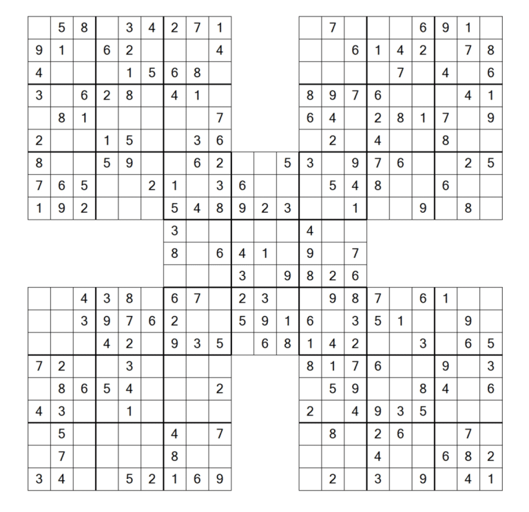 Samurai Sudoku puzzle example showing five interconnected 9x9 grids with overlapping regions