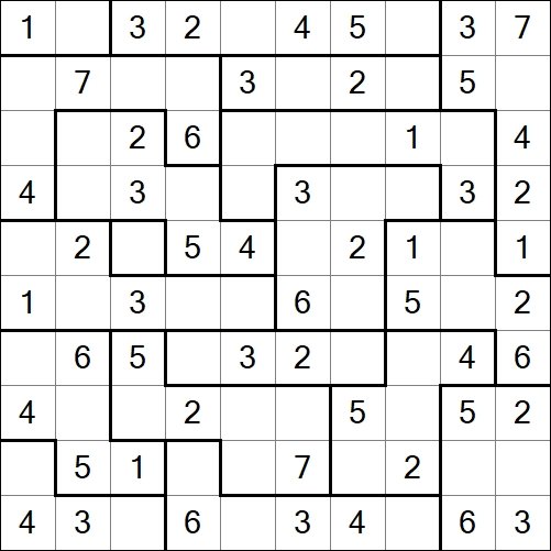Solved Suguru puzzle example showing irregular regions with numbers 1 to region size