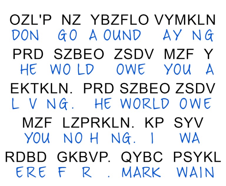 Example Cryptogram puzzle showing encoded famous quote with letter substitution cipher