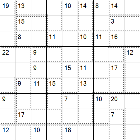 Example Killer Sudoku puzzle showing cages with sum totals like 19, 13, 10, 14 demonstrating the arithmetic constraints