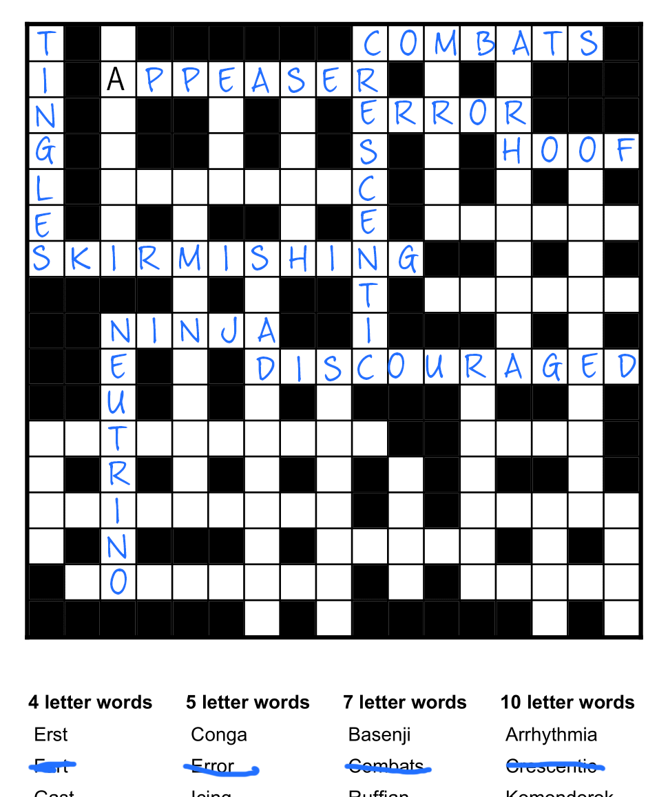 Kriss Kross puzzle example showing completed grid with words like COMBATS, APPEASER, SKIRMISHING intersecting, and word list organized by length below
